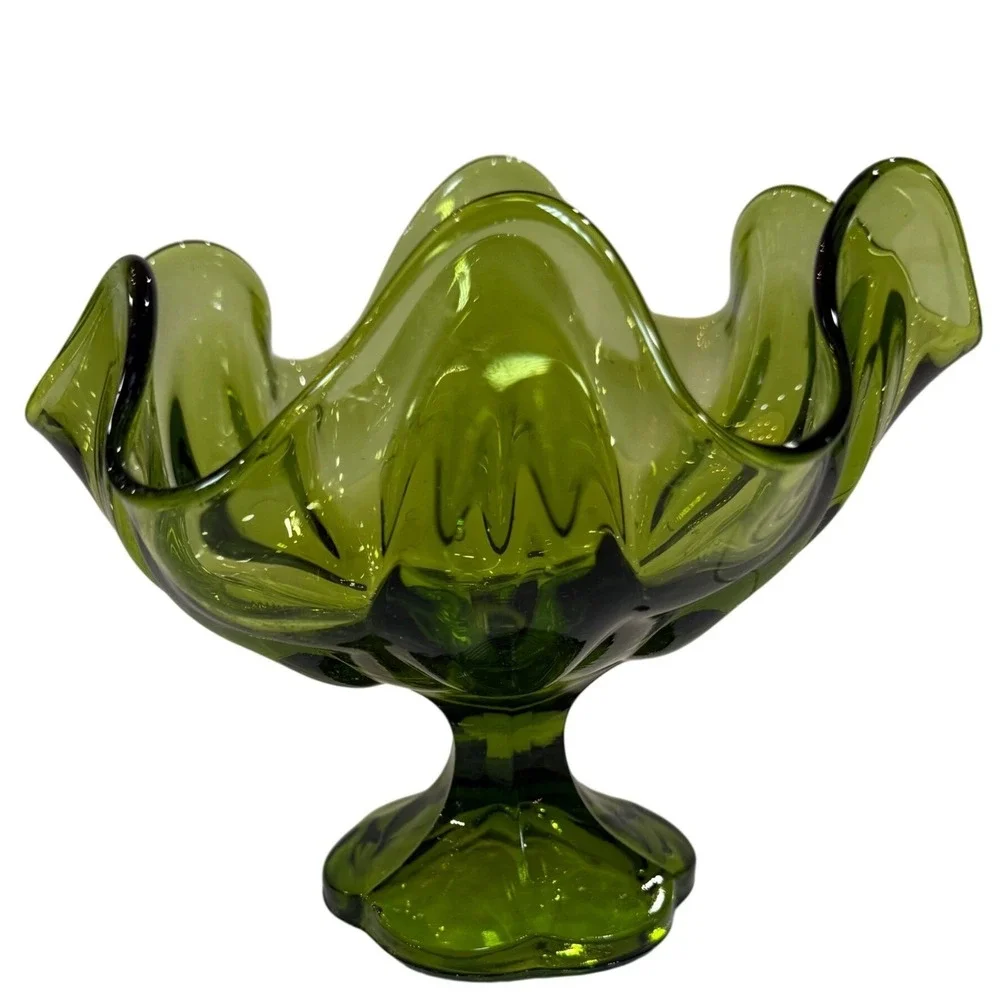 Vintage Avocado Green Glass Compote Bowl MCM GrandmaCore Pedestal L.E. Smith